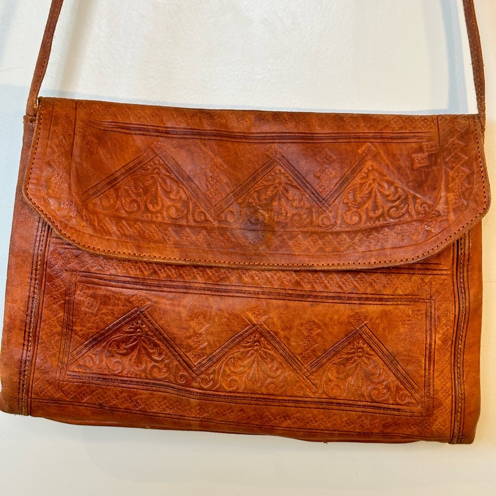 Vintage 70’s Brown Leather Boho Western Southwest Shoulder / Crossbody Bag - Picture 2 of 8